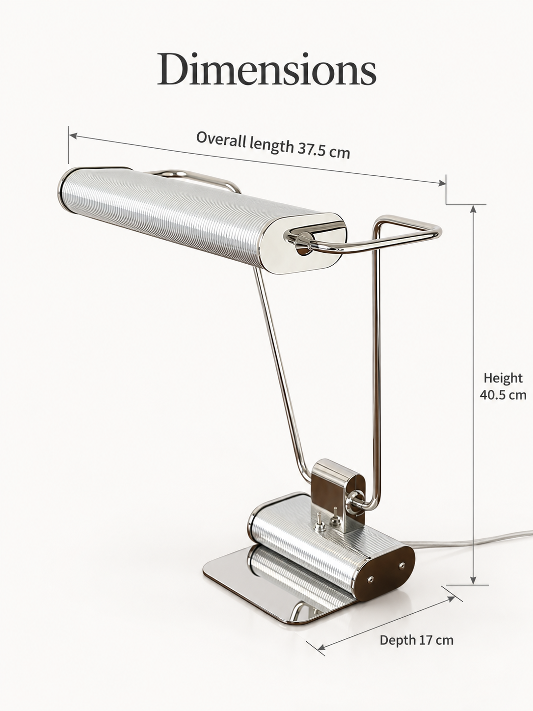 Chrome Line table lamp dimensions: 37.5 cm long, 17 cm deep and 40.5 cm high