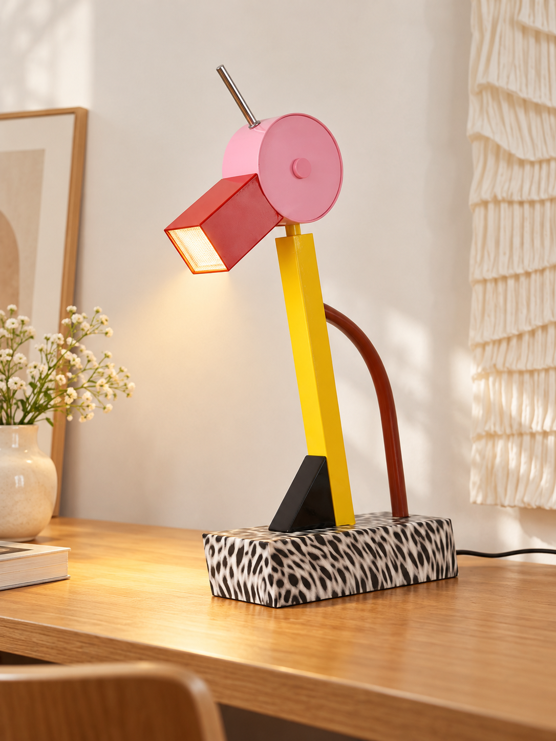 Colorblock Bird LED Table Lamp with pink head and red beak on an oak desk