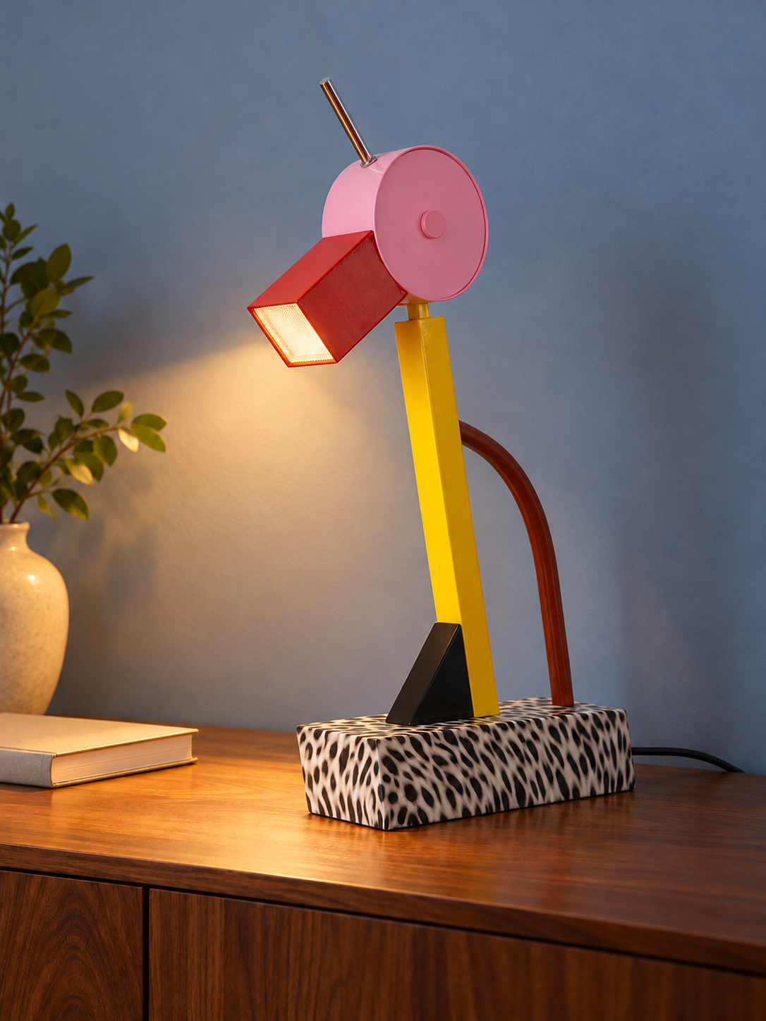Geometric multicolor bird table lamp casting a warm reading light