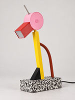 Unlit Colorblock Bird table lamp showing its spotted base and yellow stem