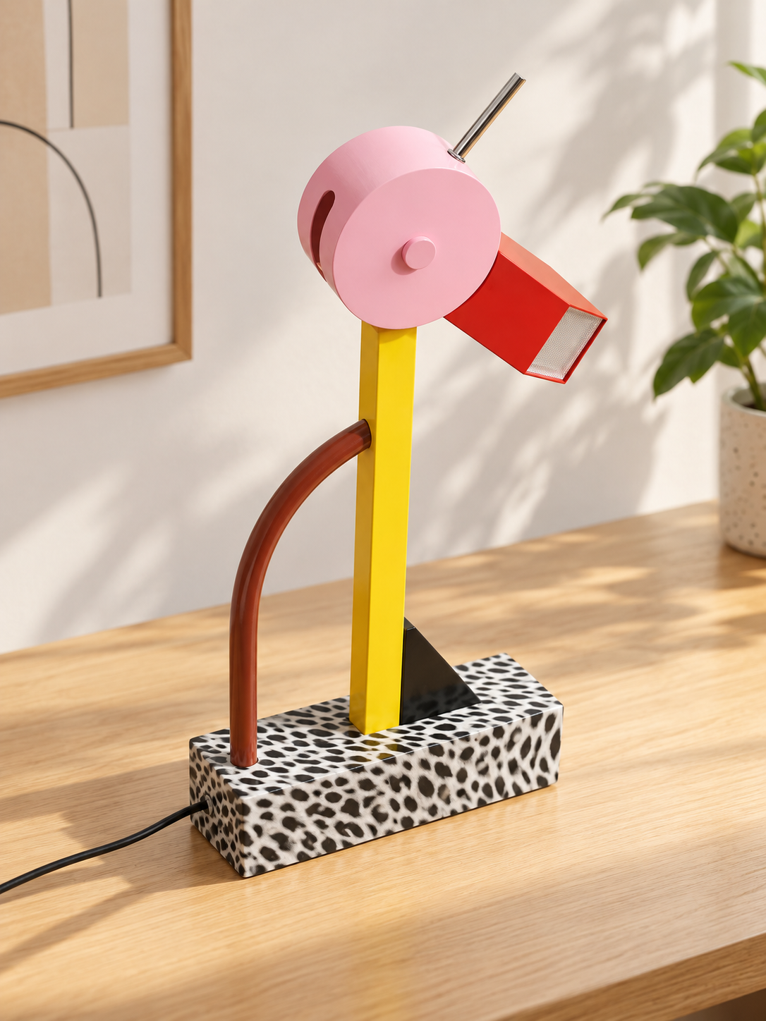 Rear three-quarter view of the bird lamp, brown curved support and power cable