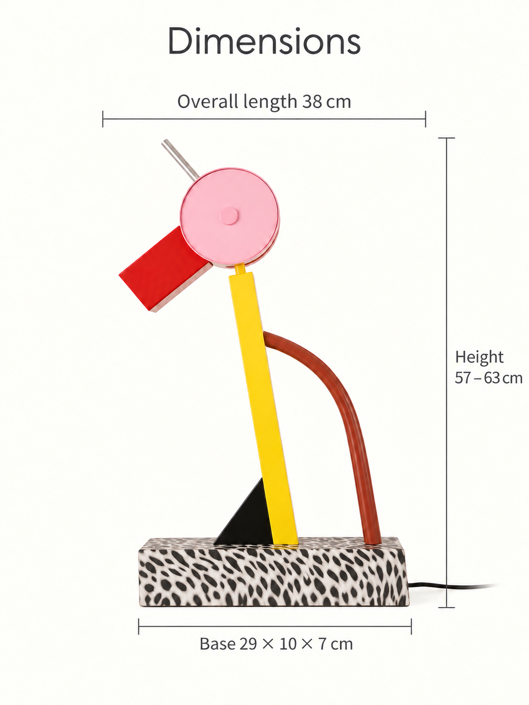 MT3859 dimensions: adjustable height 57–63 cm, overall length 38 cm and base 29 by 10 by 7 cm