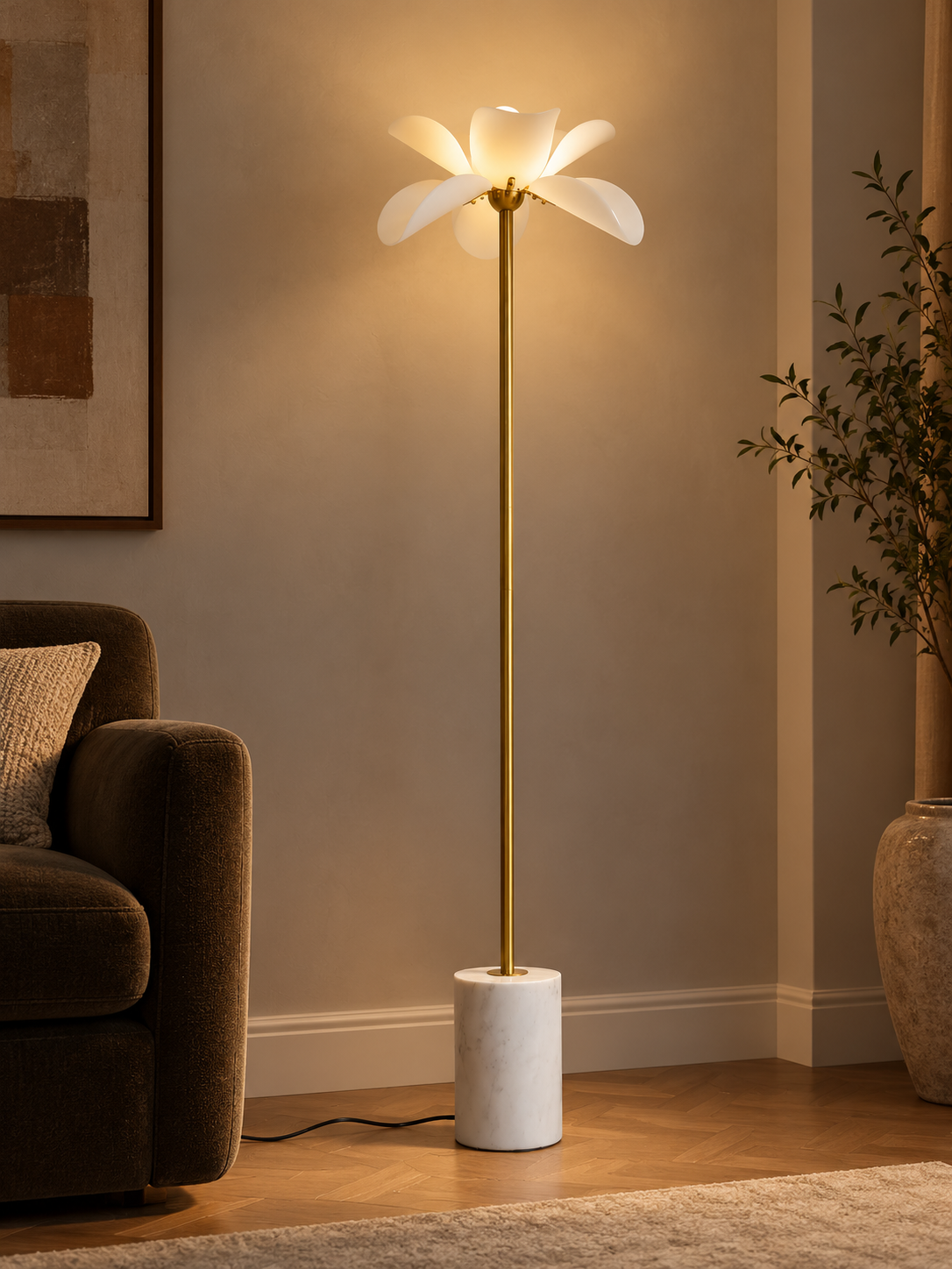Petal Stem floor lamp softly illuminating an evening living room