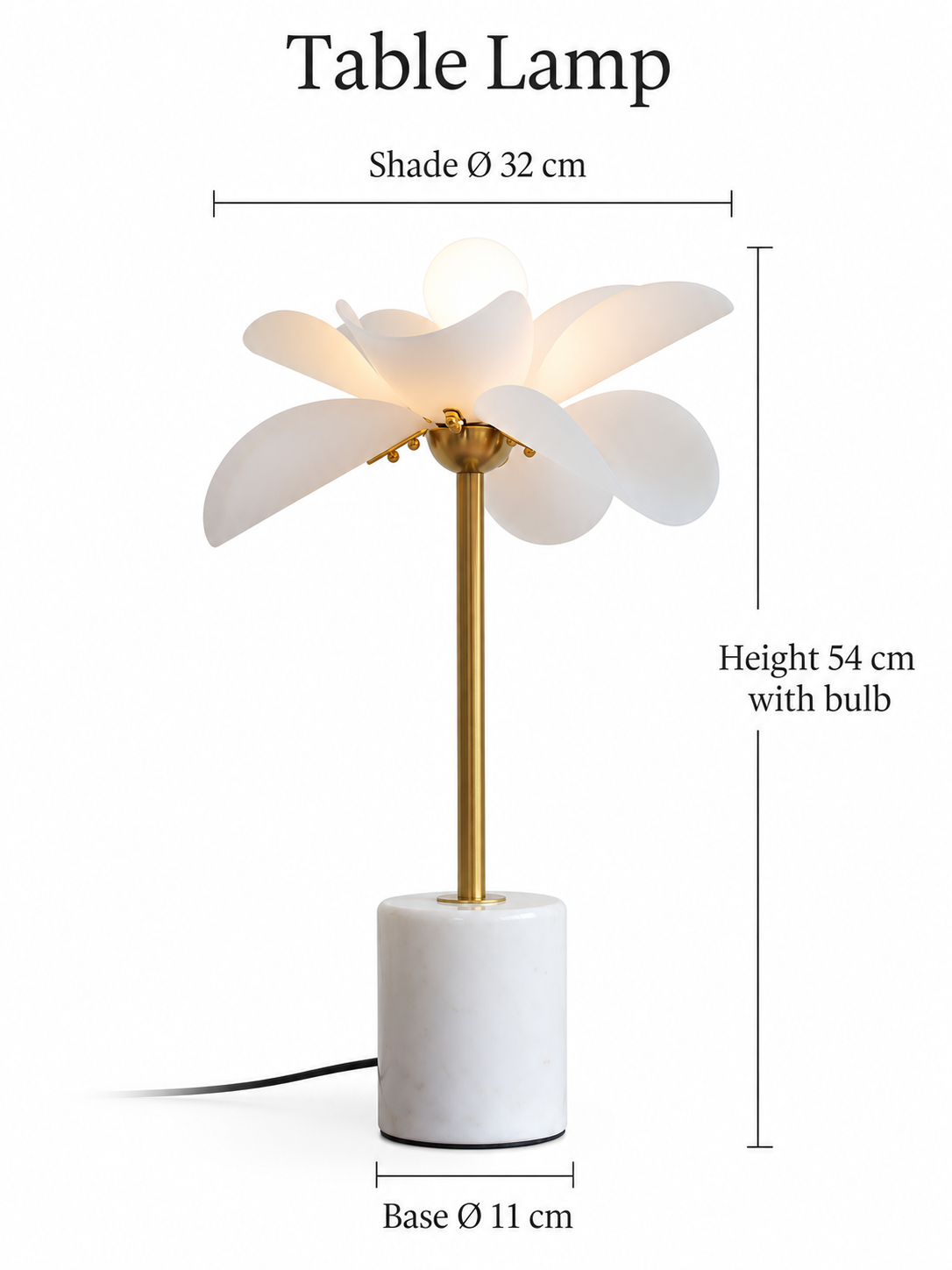Petal Stem table lamp dimensions: 54 cm height with bulb, 32 cm shade and 11 cm base