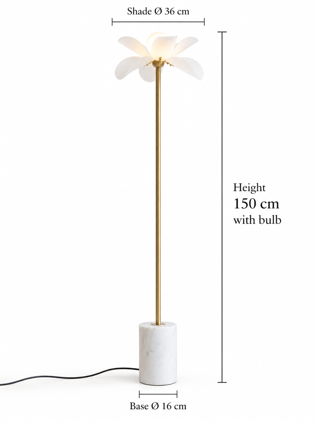 Petal Stem floor lamp dimensions: 150 cm height with bulb, 36 cm shade and 16 cm base