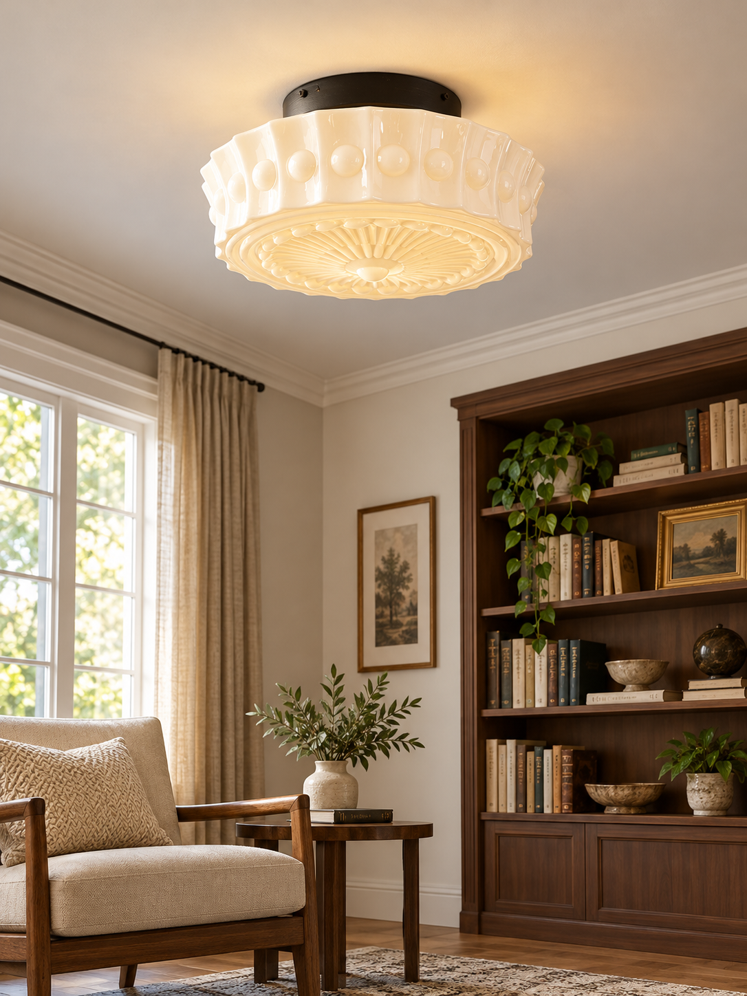 White patterned glass ceiling light in reading room