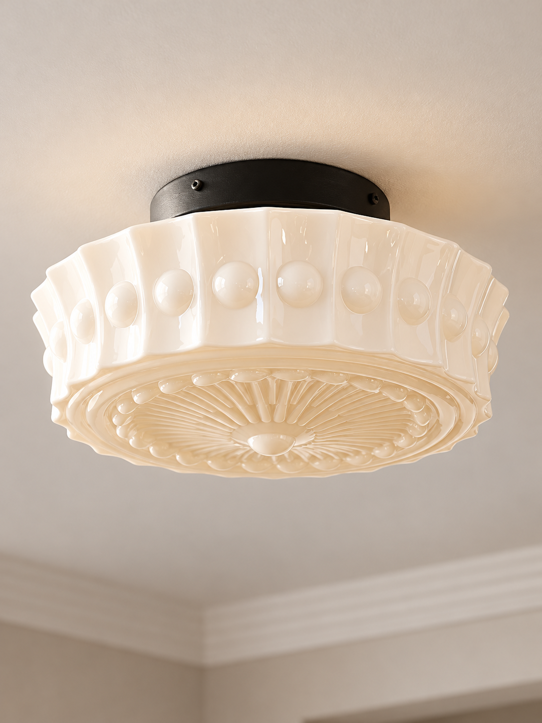 White, Flush - E27 x 3 with patterned glass and black iron fittings