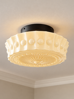Cream, Flush - E27 x 3 with patterned glass and black iron fittings