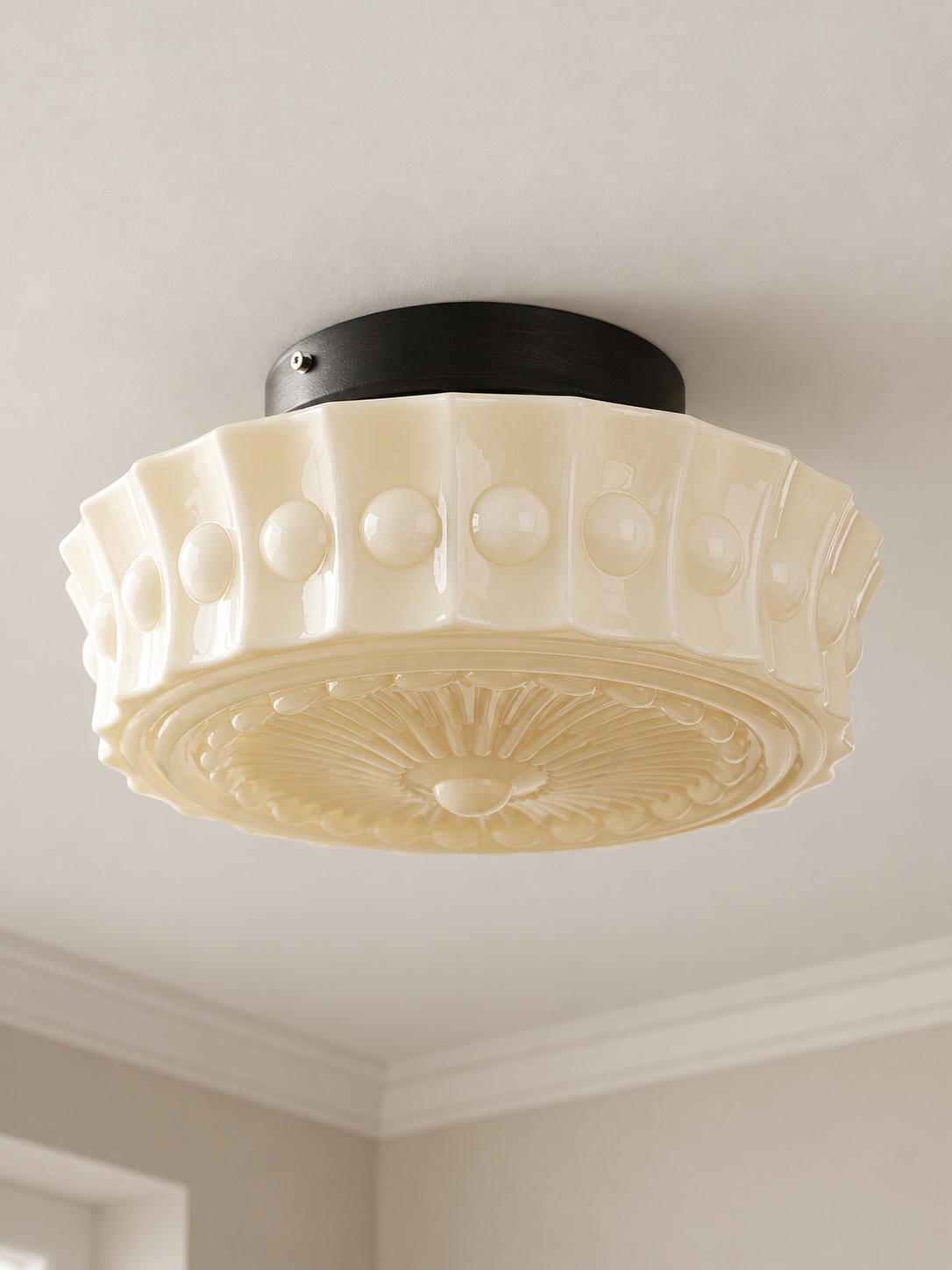 Cream, Flush - Integrated LED 30W with patterned glass and black iron fittings