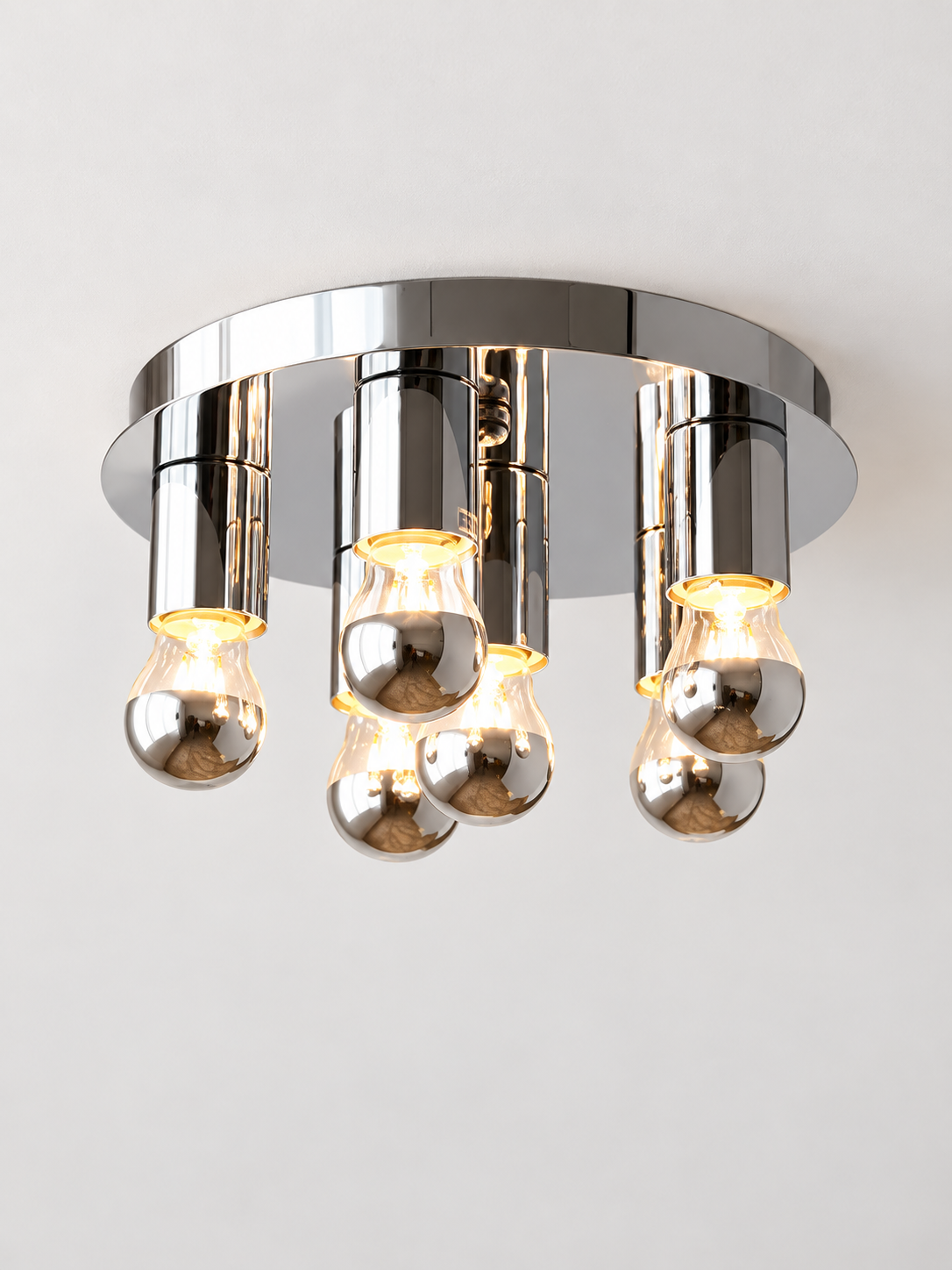 MX4437 ceiling light with six half-chrome globe bulbs