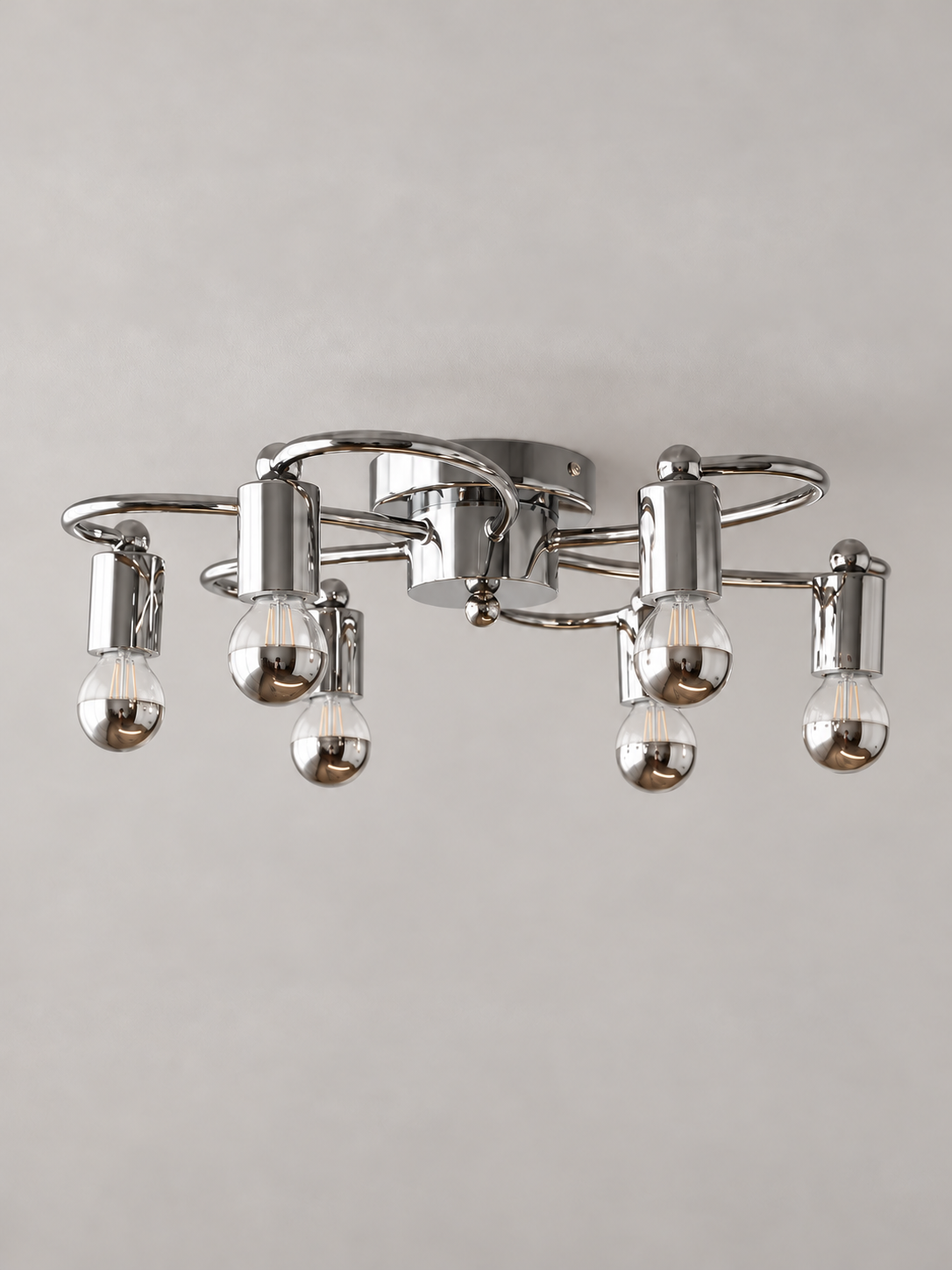 MX4438 chrome loop-arm ceiling light, small 45 cm / 6 lights, half-chrome globe bulbs