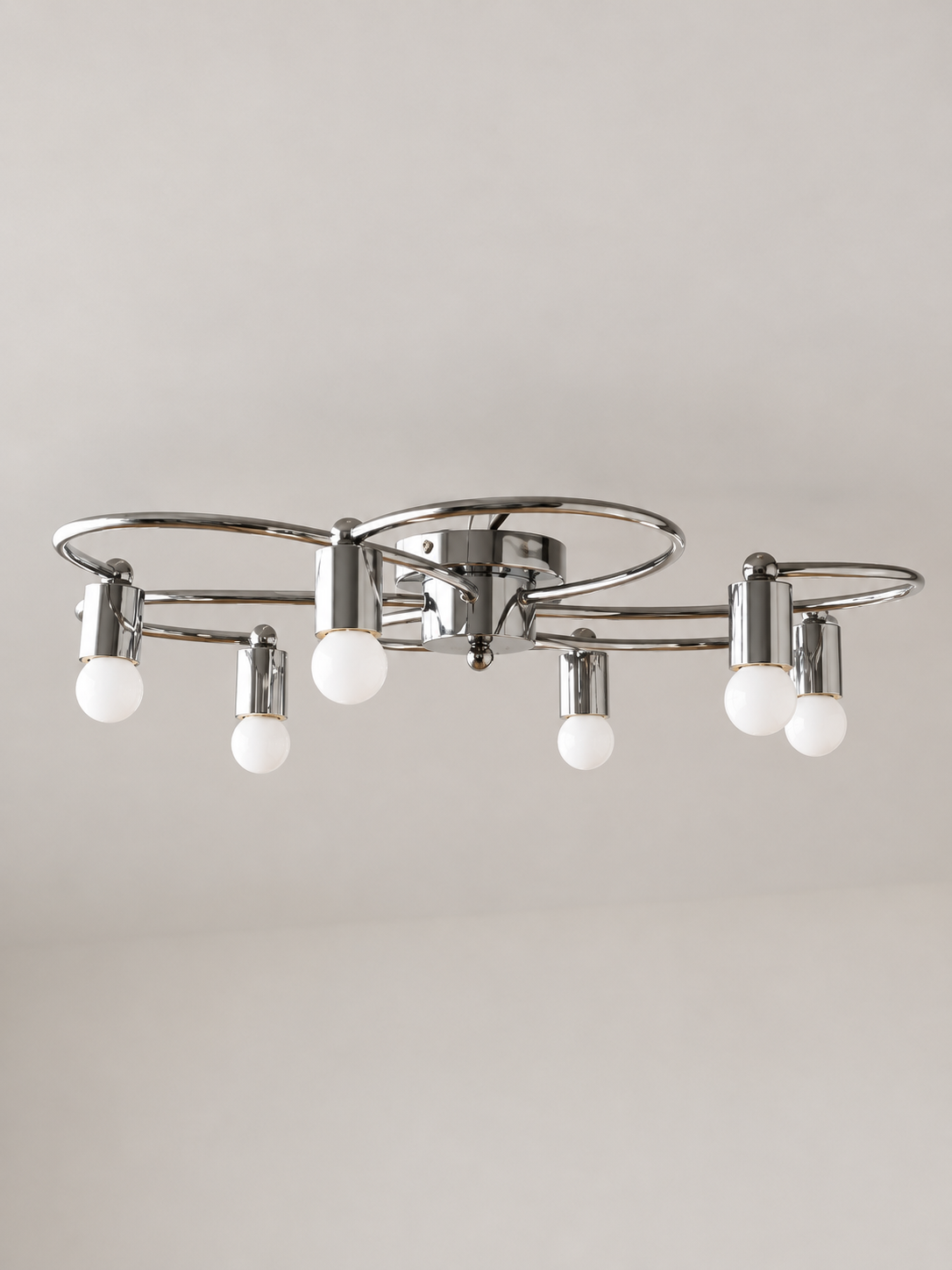 MX4438 chrome loop-arm ceiling light, large 63 cm / 6 lights, milky white globe bulbs