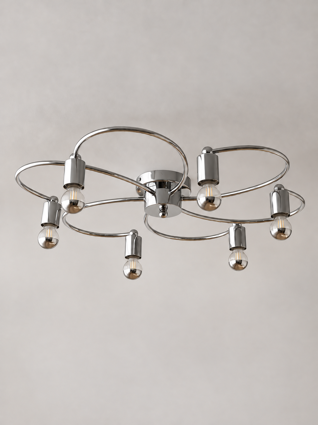 MX4438 chrome loop-arm ceiling light, large 63 cm / 6 lights, half-chrome globe bulbs