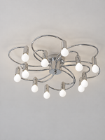 MX4438 chrome loop-arm ceiling light, double tier 63 cm / 12 lights, milky white globe bulbs