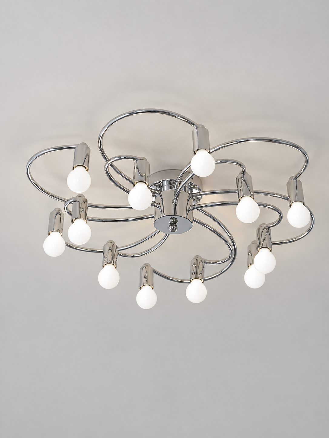 MX4438 chrome loop-arm ceiling light, double tier 63 cm / 12 lights, milky white globe bulbs