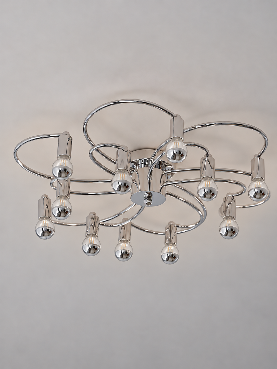 MX4438 chrome loop-arm ceiling light, double tier 63 cm / 12 lights, half-chrome globe bulbs