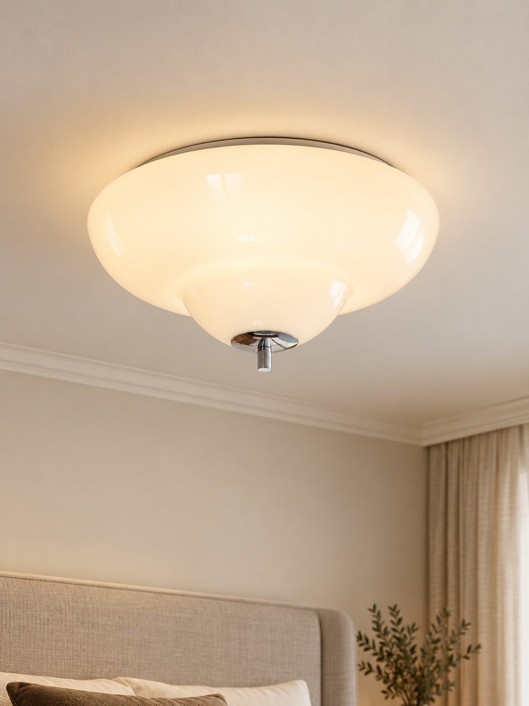 Opal Tier glass flush mount ceiling light with chrome details in a neutral bedroom