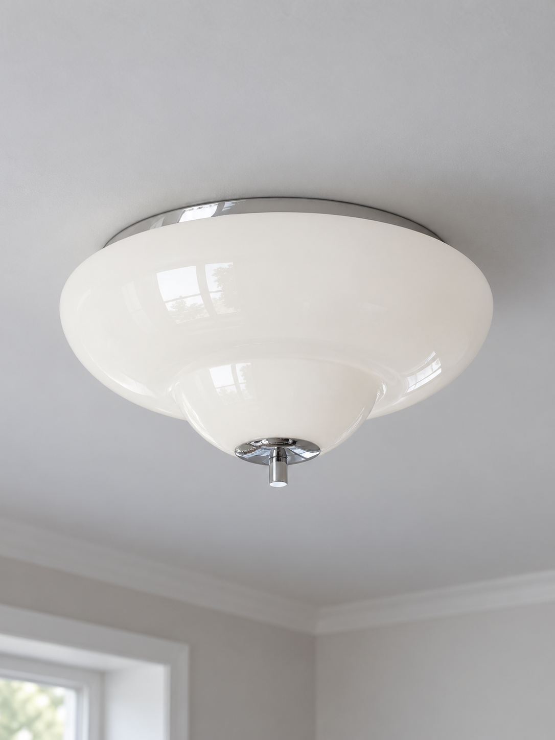 Opal Tier flush mount light with white glass and chrome finish, unlit
