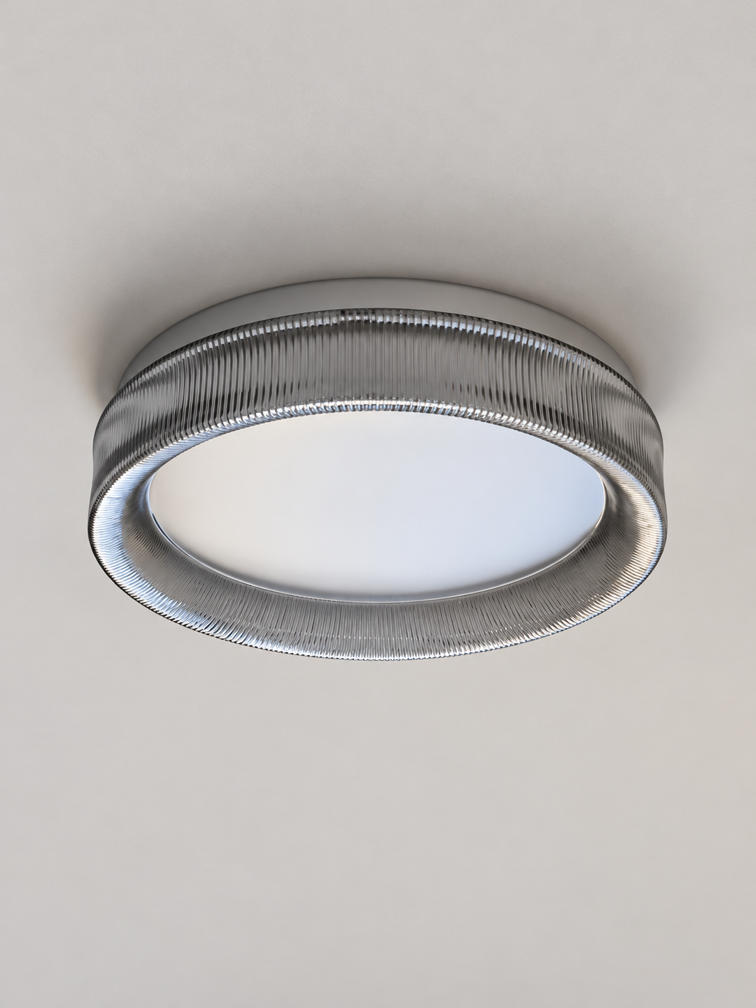 Halo Rim ceiling light with smoke-grey ribbed glass, shown unlit