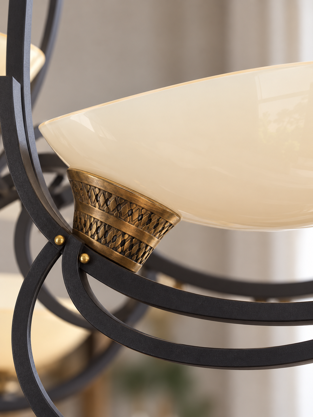 Cream opal glass bowl, copper-tone cup and black metal frame detail