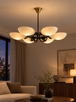 Six-light Opal Petal Ring Chandelier with illustrative warm lighting