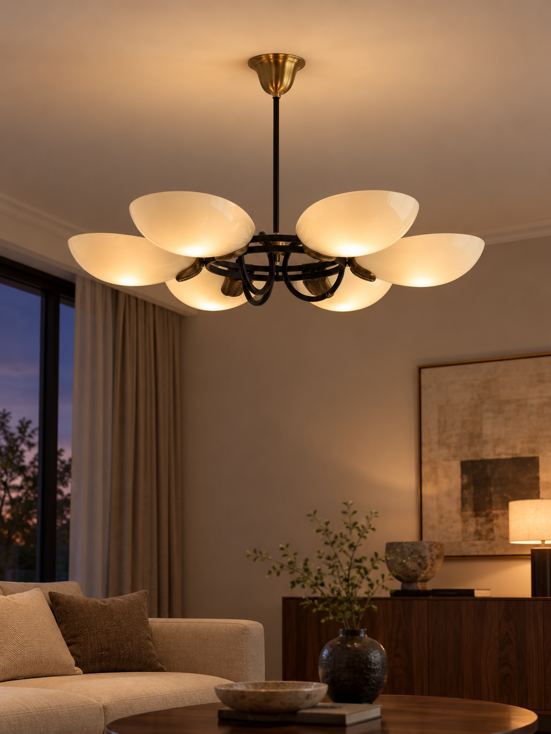 Six-light Opal Petal Ring Chandelier with illustrative warm lighting