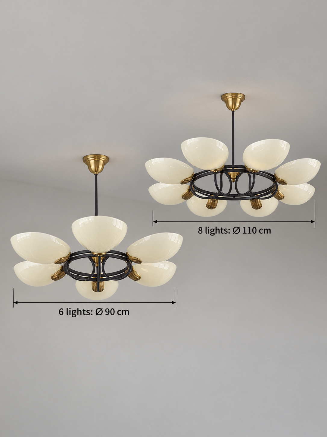 Opal Petal Ring Chandelier diameters: 6 lights 90 cm and 8 lights 110 cm