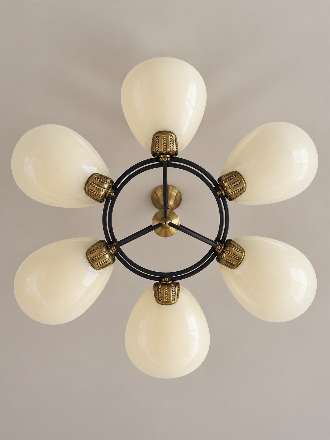 Six-light Opal Petal Ring Chandelier, unlit underside view