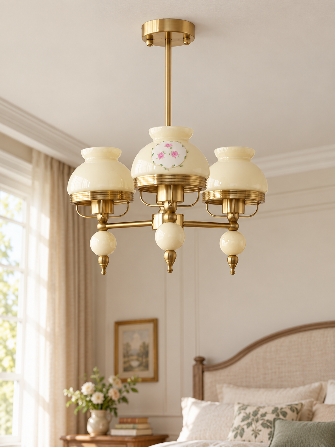 Pastel Glass Vintage Chandelier in Beige, 3 lights, floral print shades and copper-tone frame