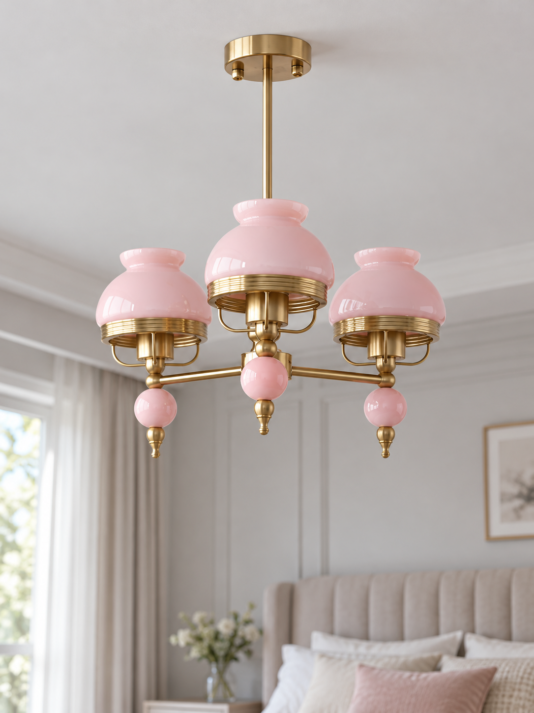Pastel Glass Vintage Chandelier in Pink, 3 lights, plain shades and copper-tone frame