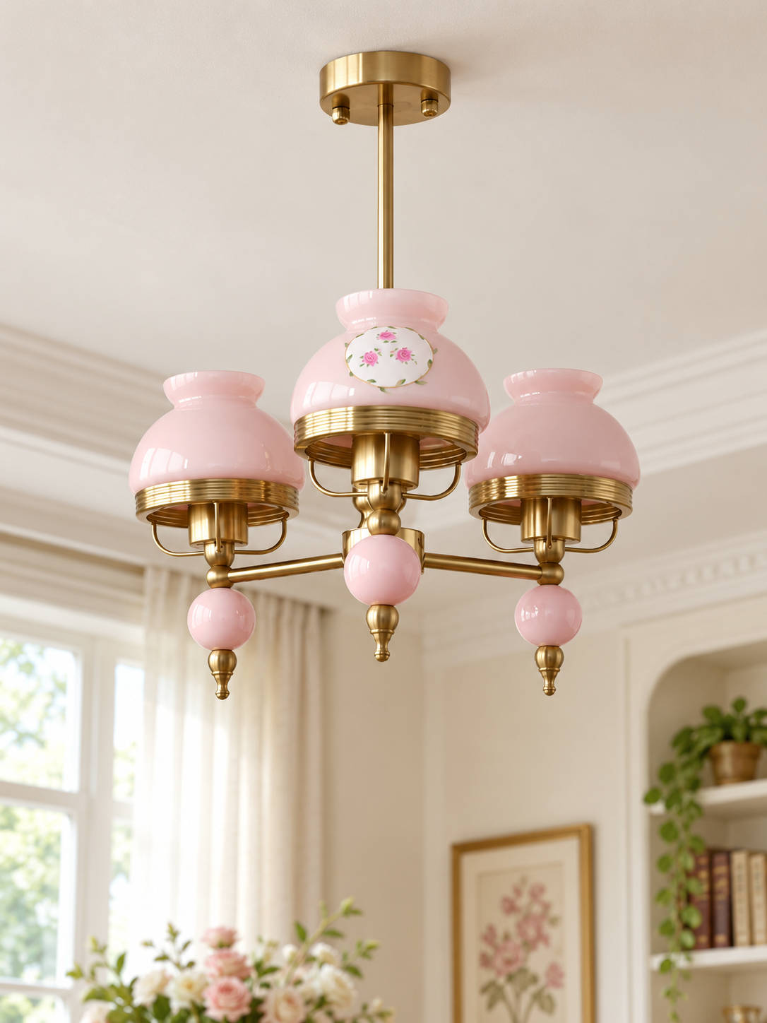 Pastel Glass Vintage Chandelier in Pink, 3 lights, floral print shades and copper-tone frame