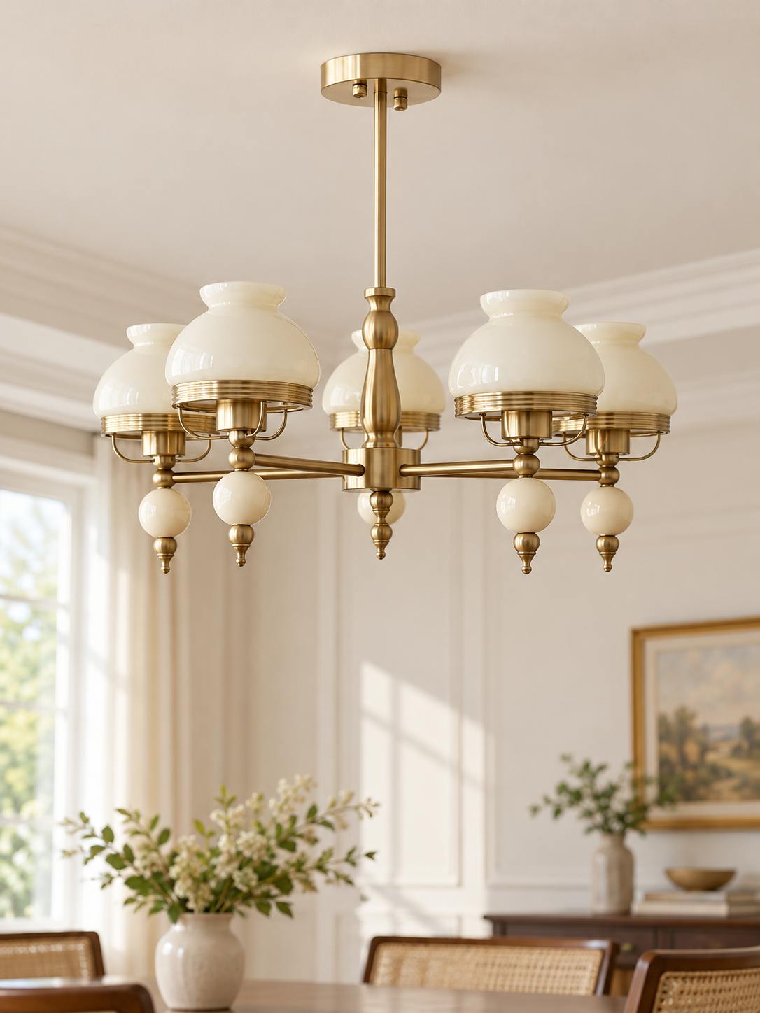 Pastel Glass Vintage Chandelier in Beige, 5 lights, plain shades and copper-tone frame