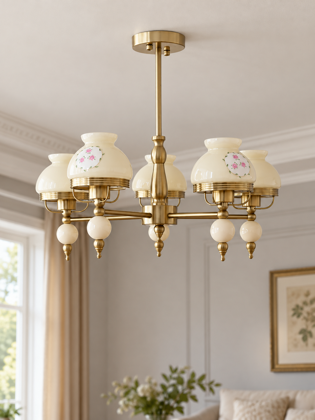 Pastel Glass Vintage Chandelier in Beige, 5 lights, floral print shades and copper-tone frame