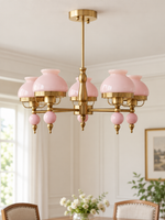 Pastel Glass Vintage Chandelier in Pink, 5 lights, plain shades and copper-tone frame