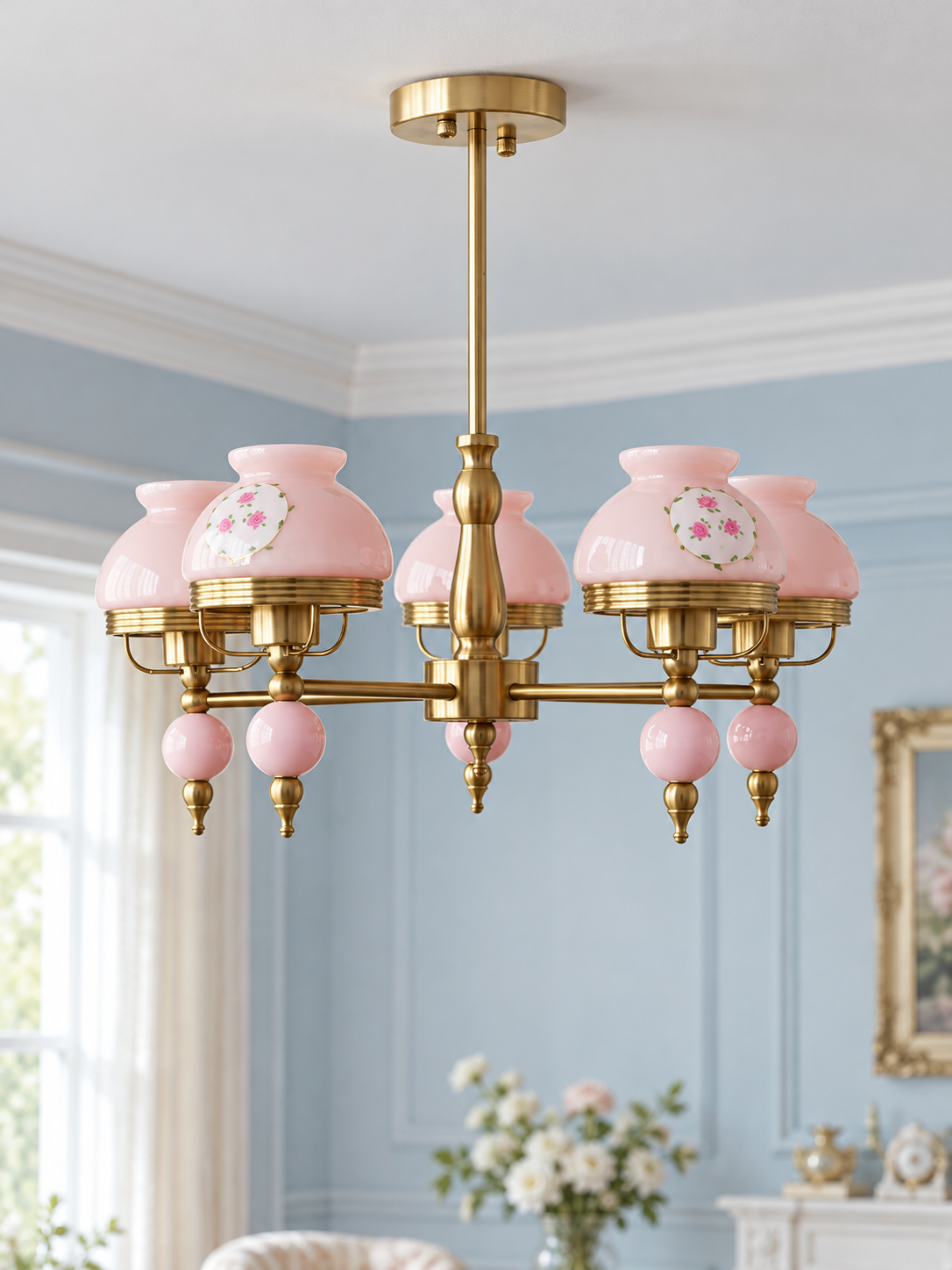 Pastel Glass Vintage Chandelier in Pink, 5 lights, floral print shades and copper-tone frame