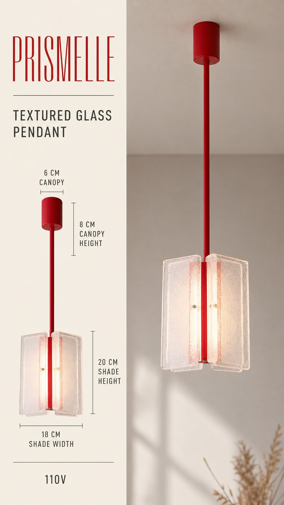 Prismelle Pendant verified dimensions and 110V