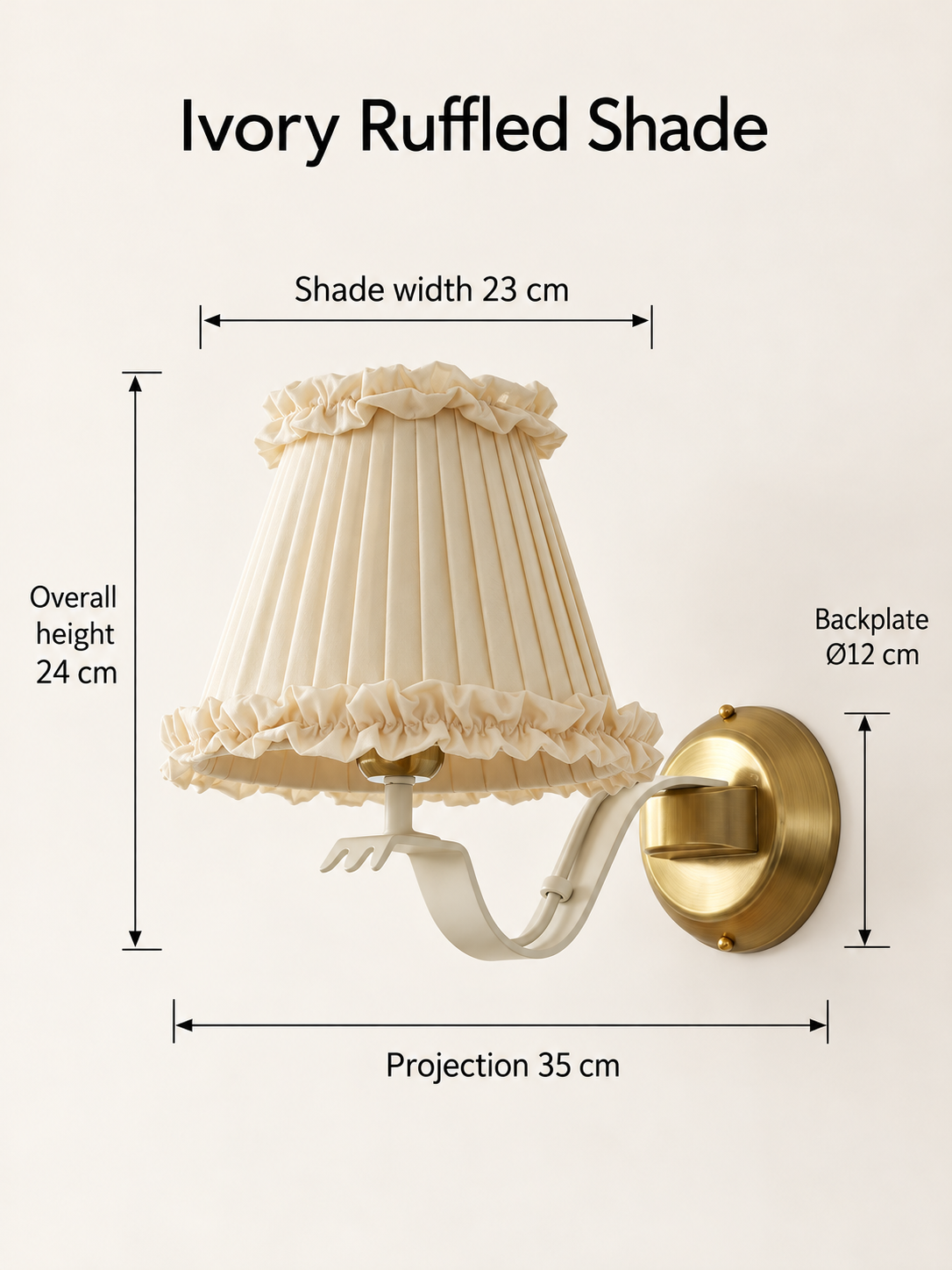 Ivory Ruffled Shade dimensions: 23 cm shade width, 24 cm overall height, 35 cm projection, 12 cm backplate diameter