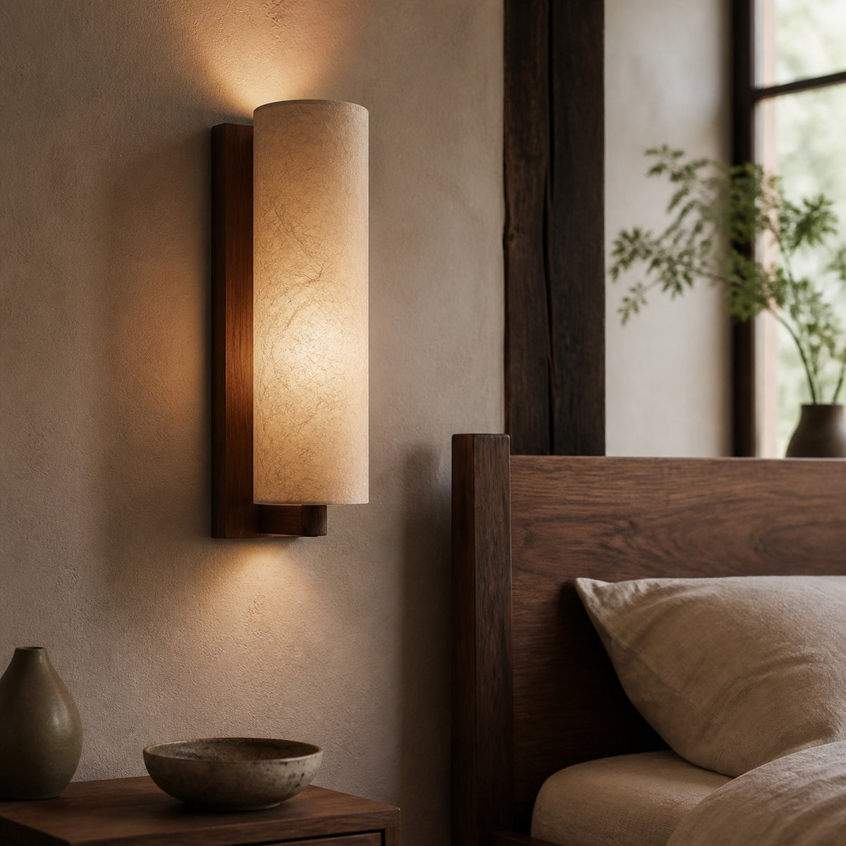 Lifestyle hero: wood and Xuan paper wall sconce in a bedroom setting